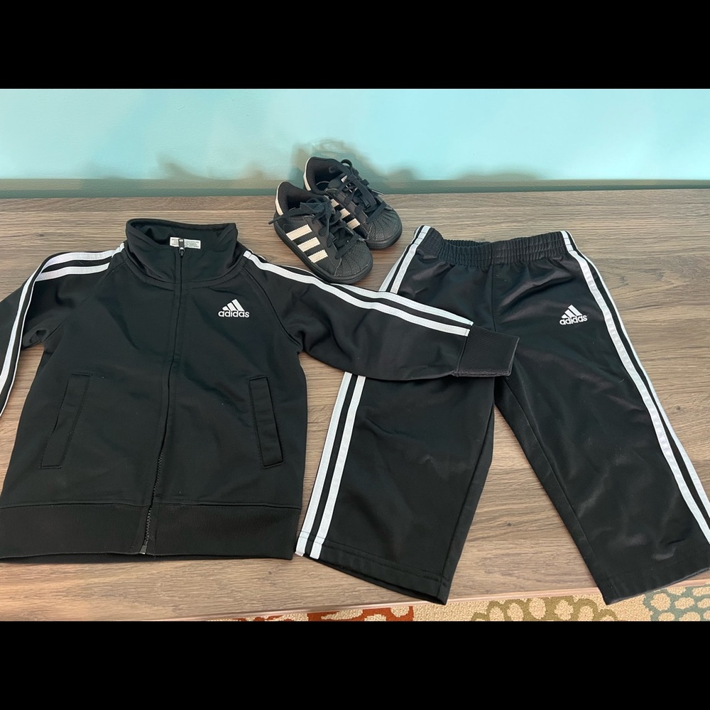 ADIDAS Toddler Sweatsuit, size 18months.  ADIDAS Tennis Shoes are size 5baby.